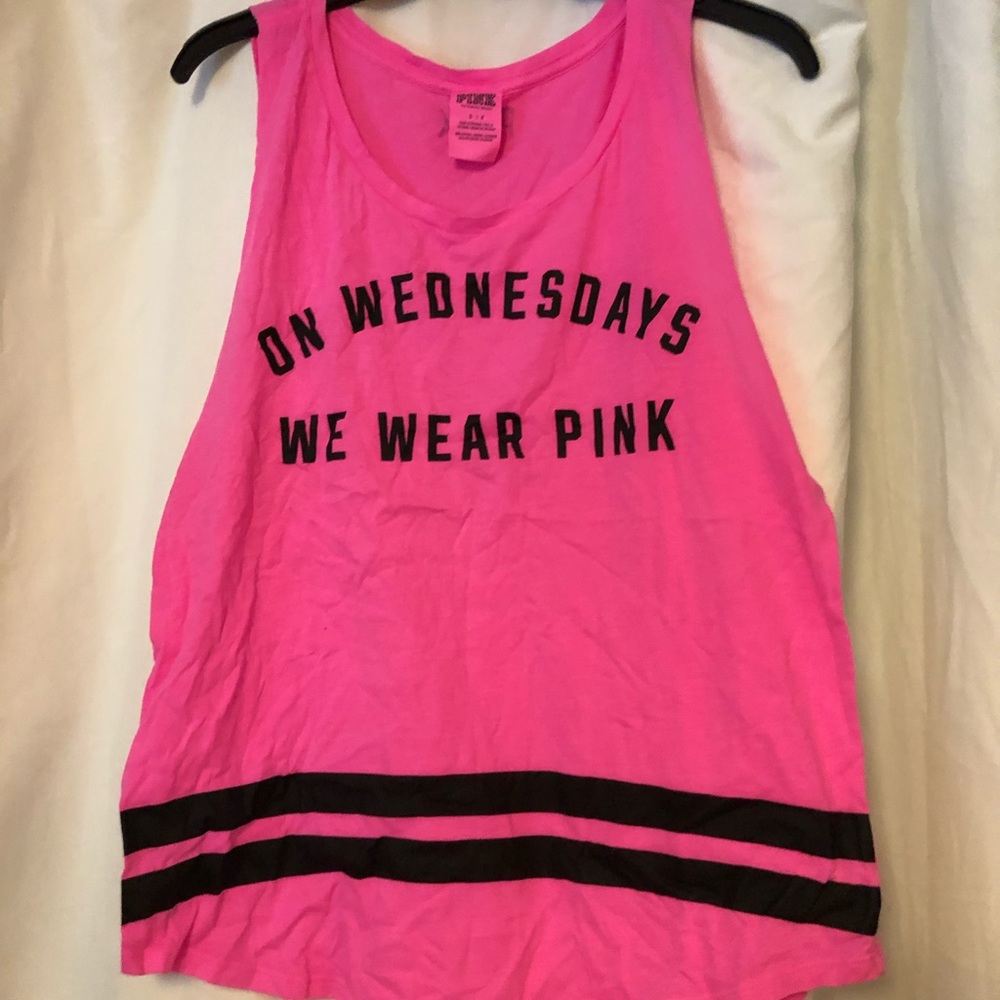 Pink tank top with two black stripes
